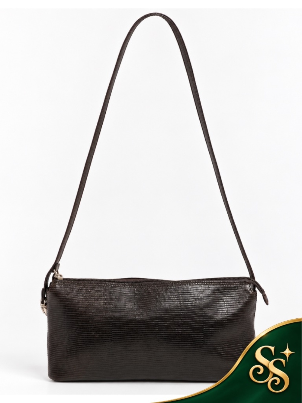 Shoulder Bag Talbots Brown Genuine Leather Lizard Embossed Baguette